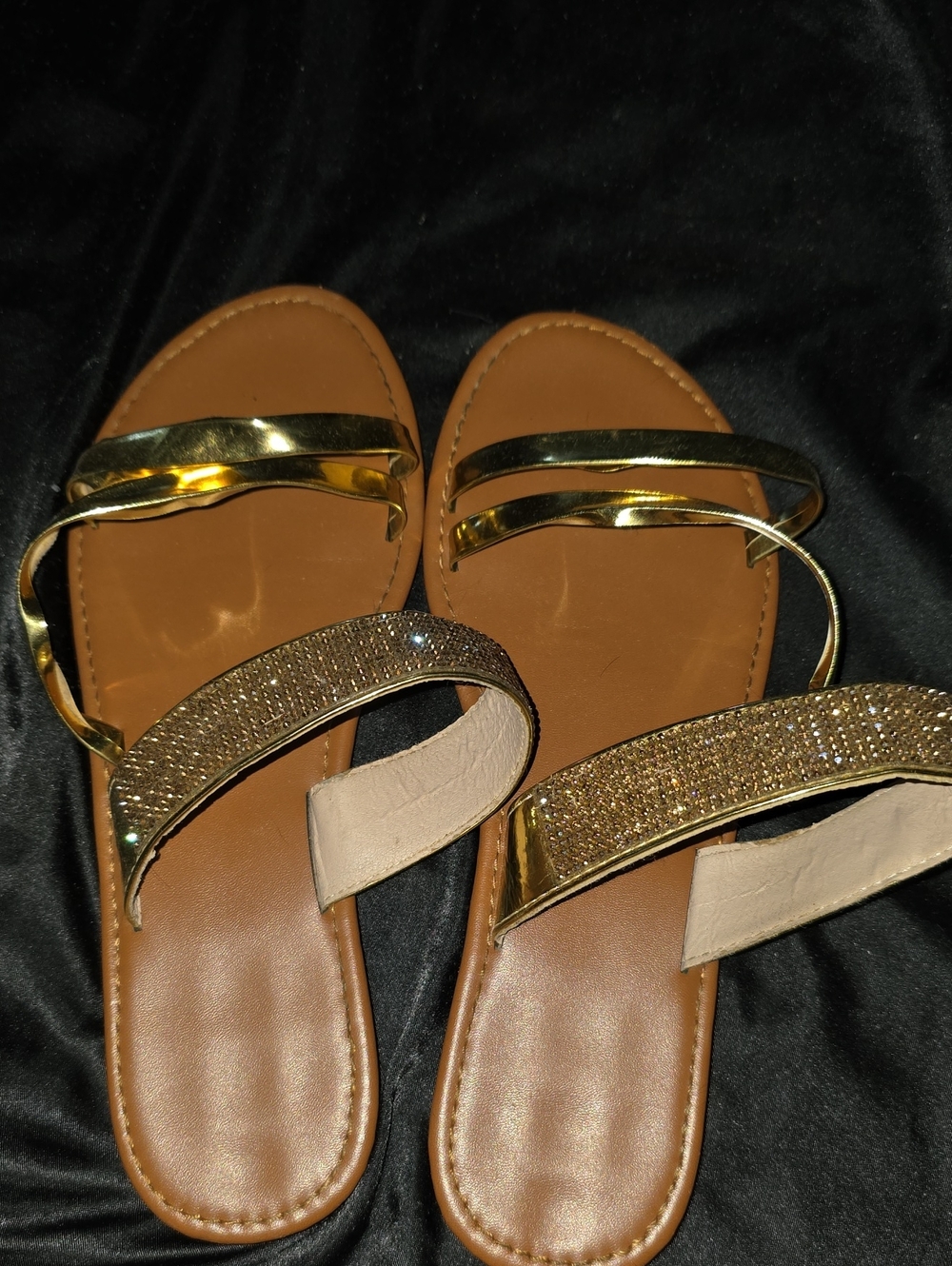 SHEIN Tan Slide Sandals with Gold Metallic Straps and Rhinestone Band